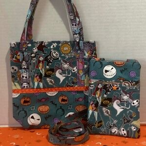 NEW JACK & SALLY NIGHTMARE BEFORE CHRISTMAS QUILTED SMALL TOTE & PHONE POUCH